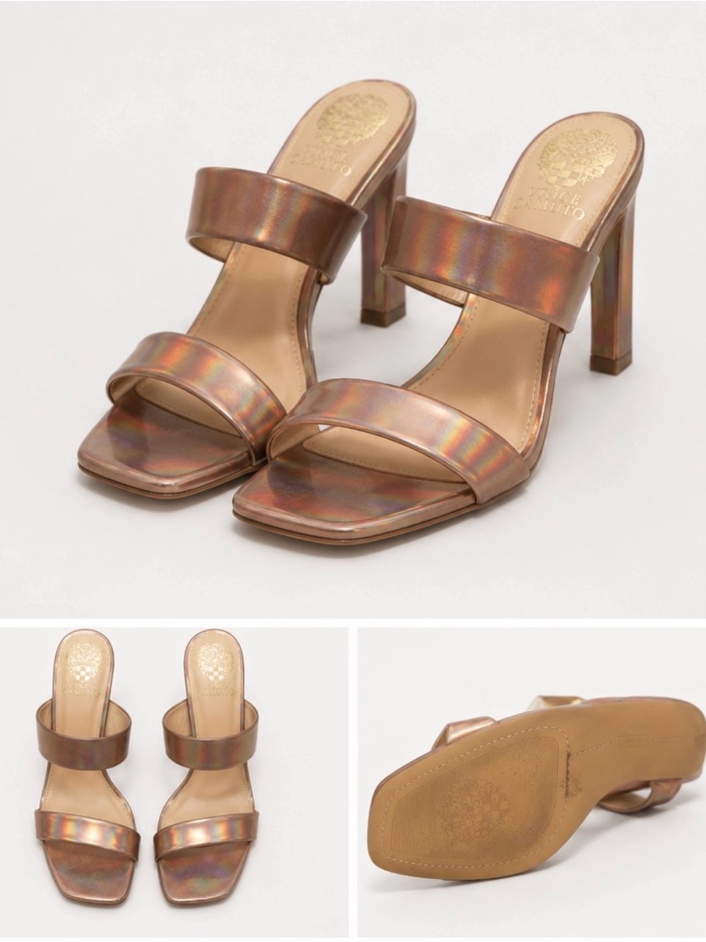 Vince Camuto Iridescent Bronze Double Band Block Heel Sandals